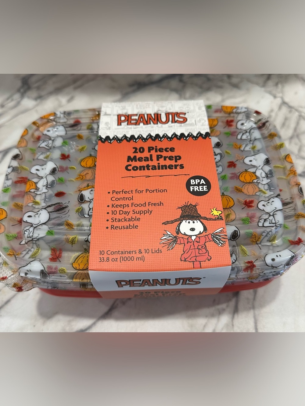 Peanuts Orange Fall Print Meal Prep Containers with Snoopy Design